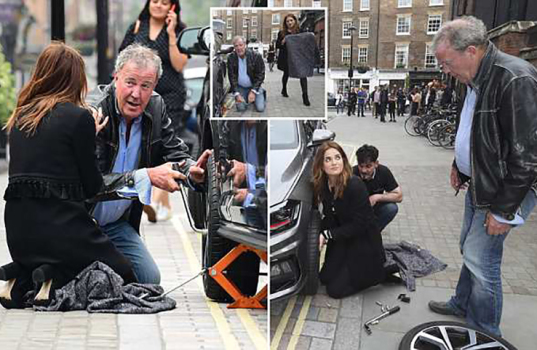 *EXCLUSIVE* *WEB MUST CALL FOR PRICING* - *STRICTLY NO WEB USAGE UNTIL FURTHER NOTICE*  Jeremy Clarkson gets his hands dirty as he helps and show Binky from Made in Chelsea to change her car tyre