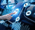 futuristic vehicle and graphical user interface(GUI). intelligent car. connected car. Internet of Things. Heads up display(HUD).