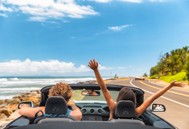 Road,Trip,Car,Holiday,Happy,Couple,Driving,Convertible,Car,On