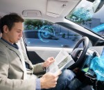 Caucasian driver reading magazine in autonomous car. Self driving vehicle.