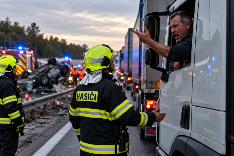 Profesionální řidiči se opět ukázali. Hasičům na D4 nadávali, zatímco opodál lidé bojovali o život